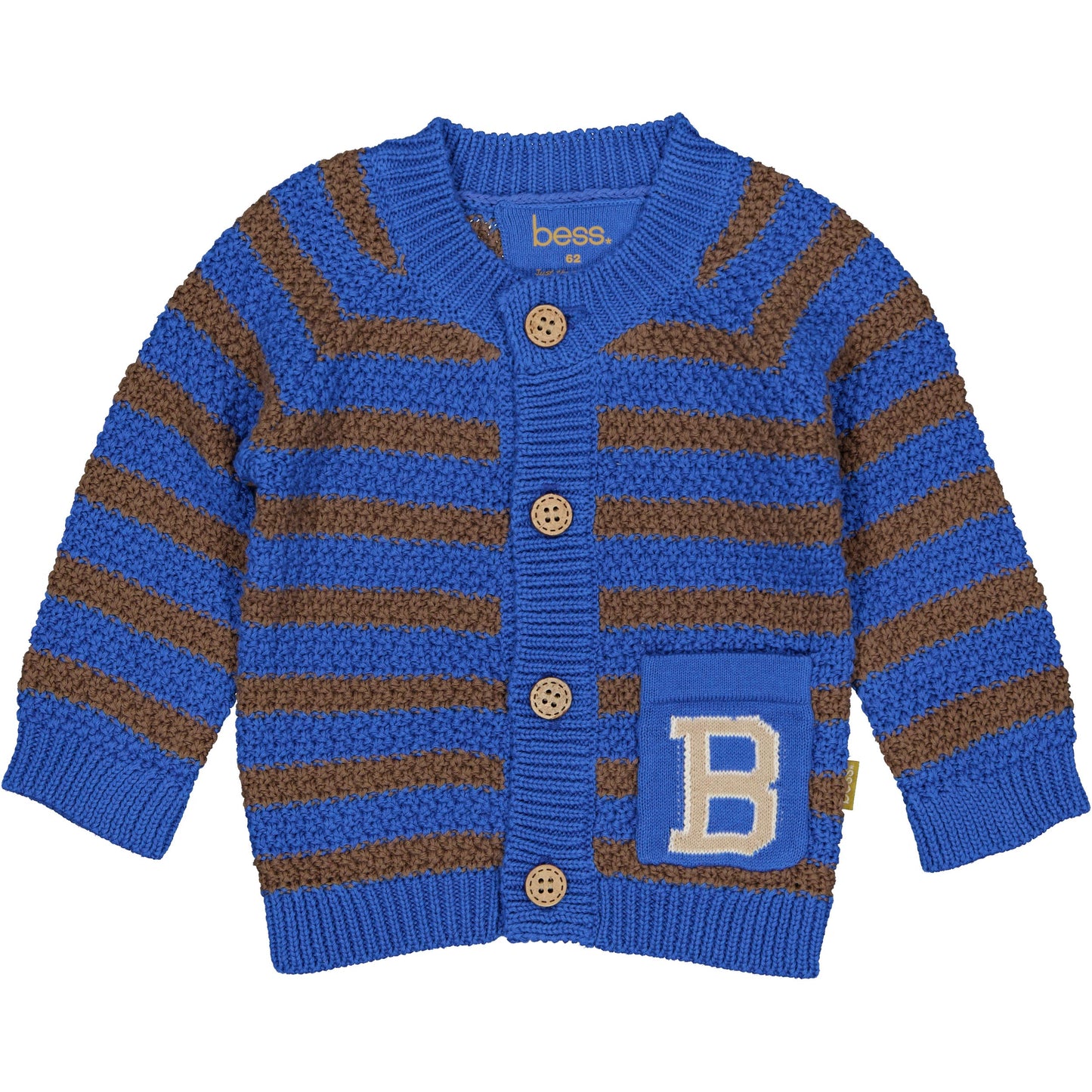 Gebreid baby jongens vest in koningsblauw en bruin met strepen.