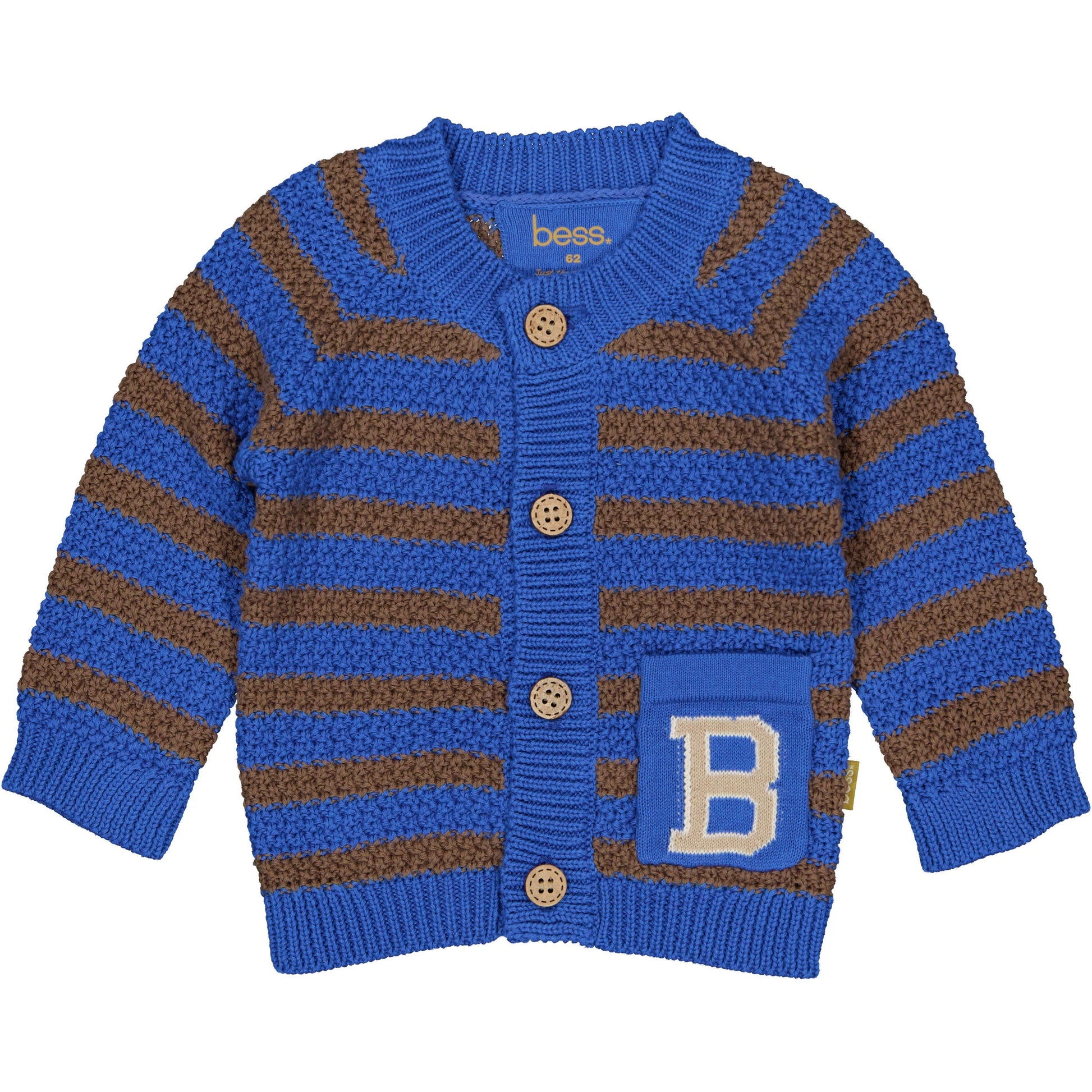 Gebreid baby jongens vest in koningsblauw en bruin met strepen.