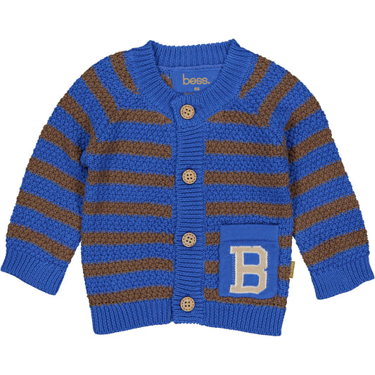 Gebreid baby jongens vest in koningsblauw en bruin met strepen.