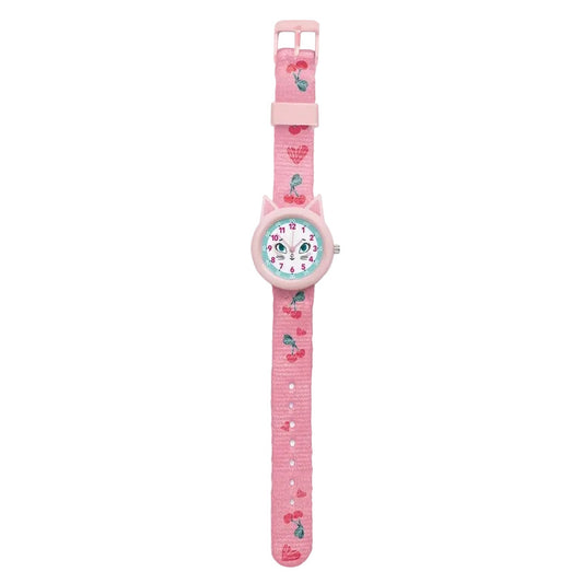 analoog kinderhorloge in roze met kattenthema van djeco