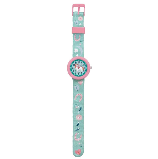analoog horloge in turquoise en roze met paard van djeco
