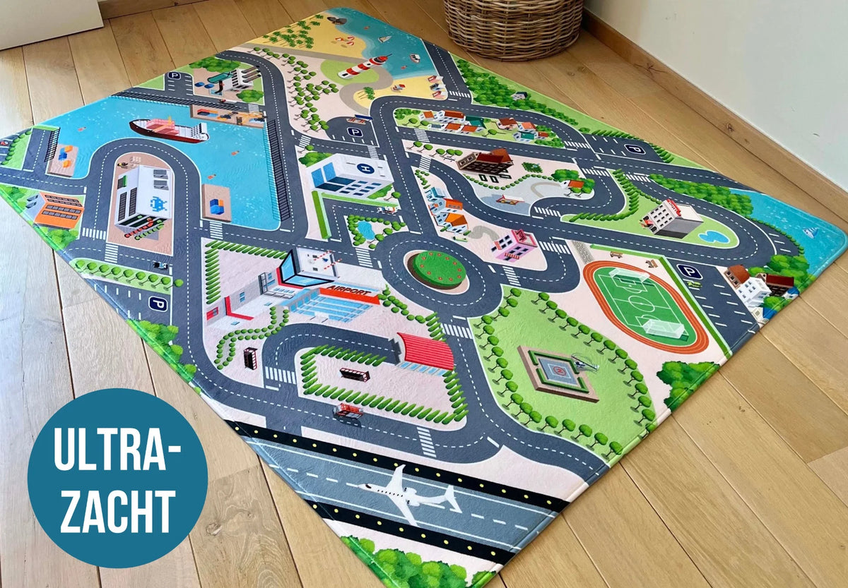 City speelkleed met luchthaven en haven.
