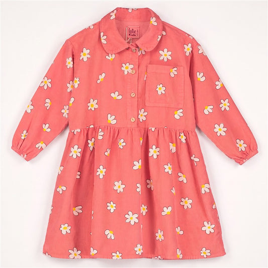 Koraalroze corduroy jurk voor meisjes met all-over madeliefjesprint.