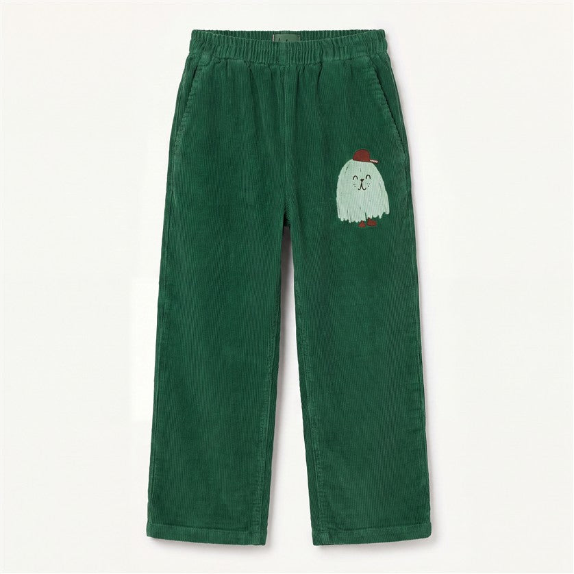 Groene corduroy broek voor kinderen met monsteropdruk.