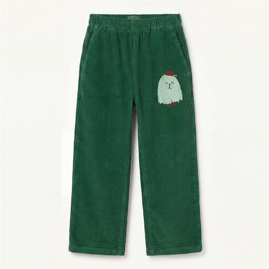 Groene corduroy broek voor kinderen met monsteropdruk.