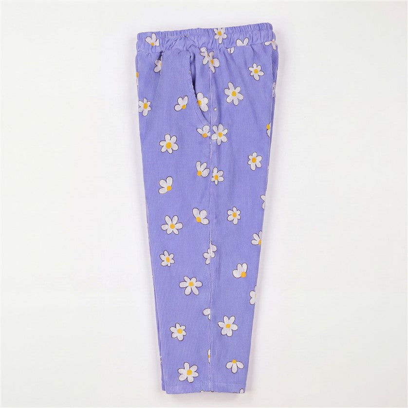 Paarse corduroy broek met vrolijke daisies print.