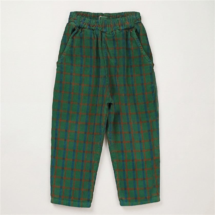 Groene corduroy broek met wijde pijpen en retro look.