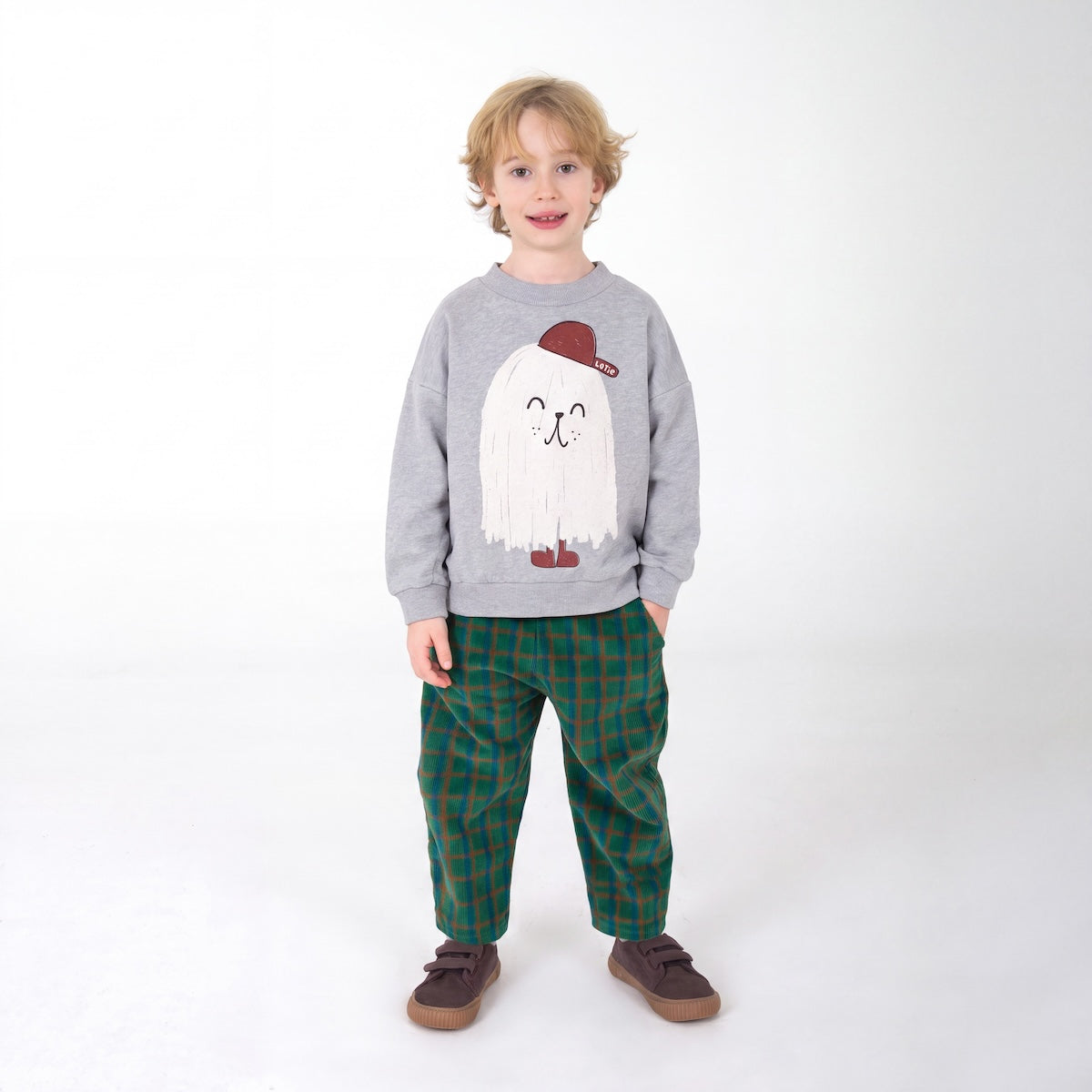 Retro broek in groene ribstof met brede pijpen.