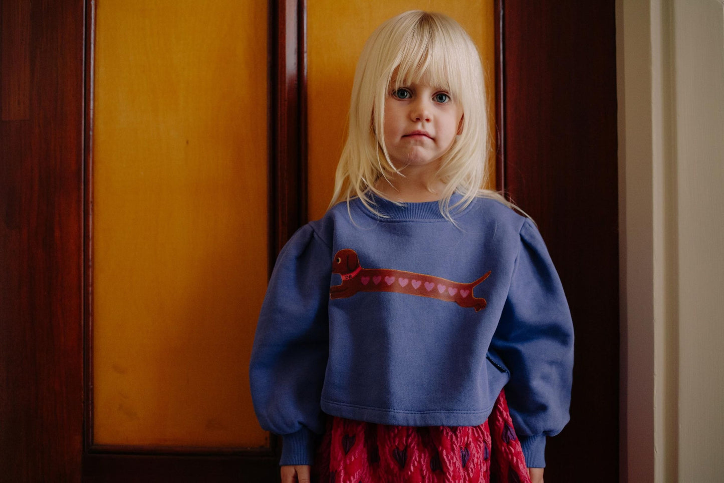 Trendy paarse meisjes­sweater met teckelprint.