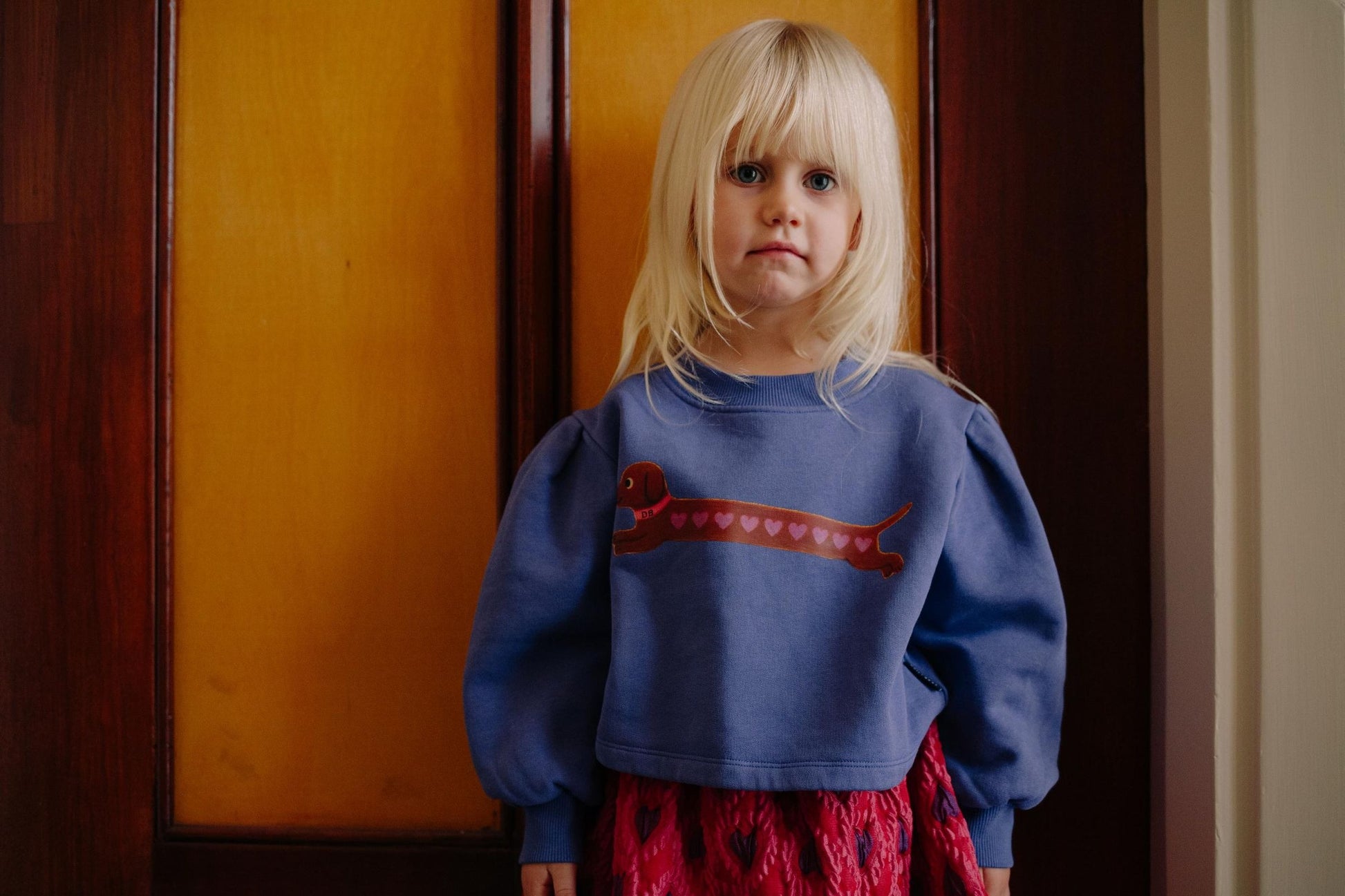 Trendy paarse meisjes­sweater met teckelprint.