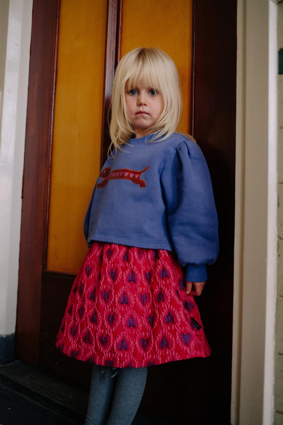 Paarse cropped sweater met teckel en hartjes.