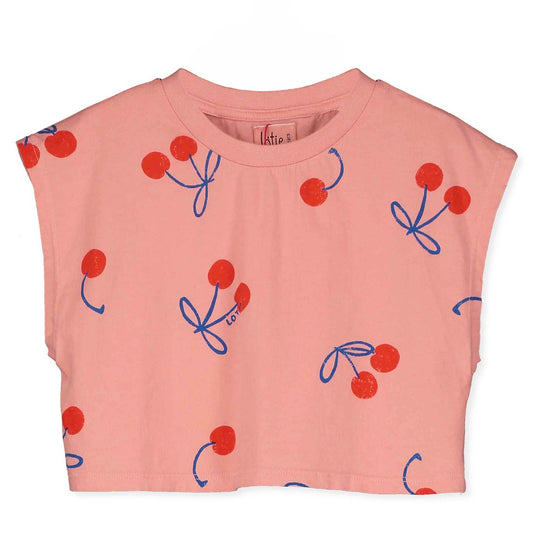 Roze crop top met all-over kersenprint van Lötiekids
