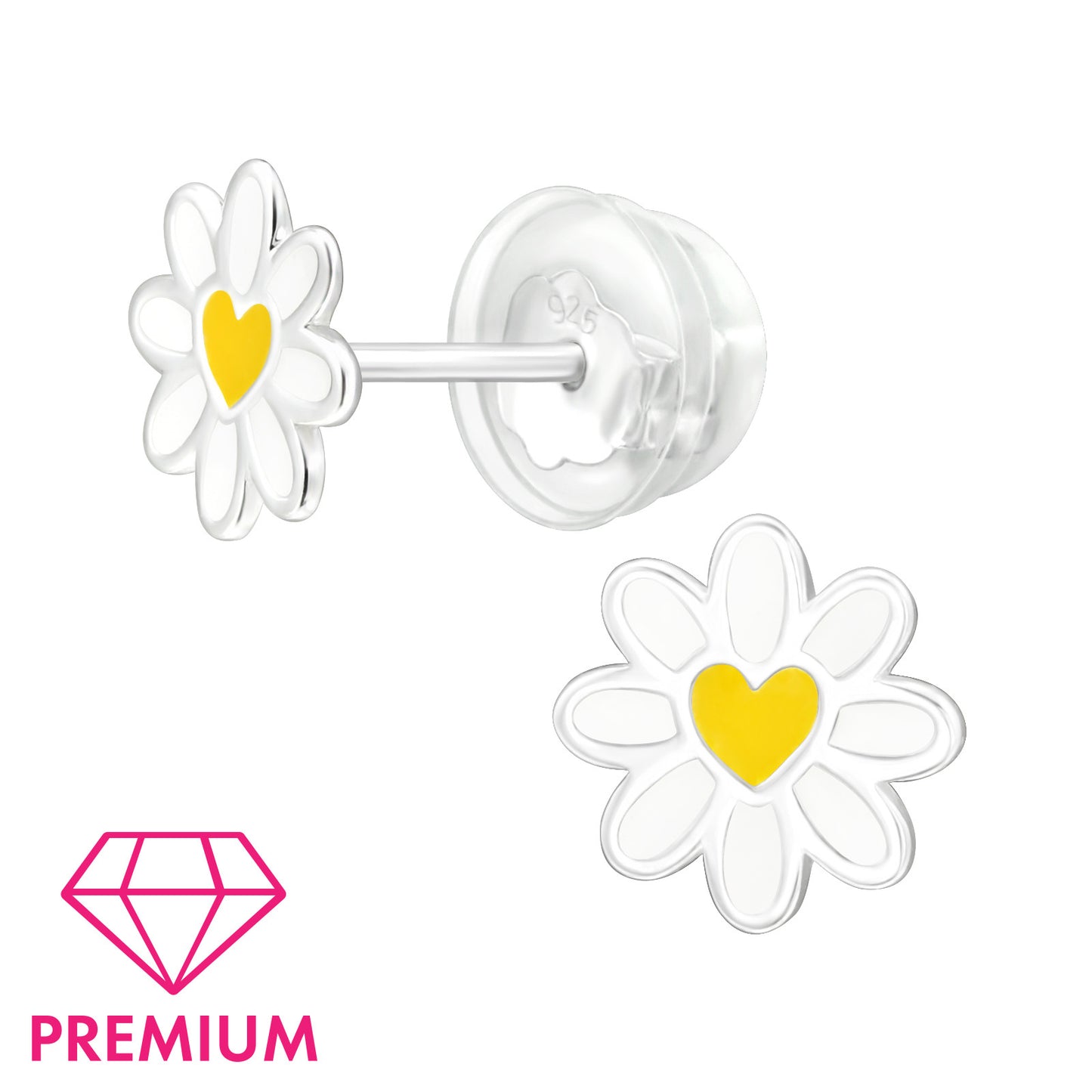 zilveren madeliefje oorstekers in wit met geel