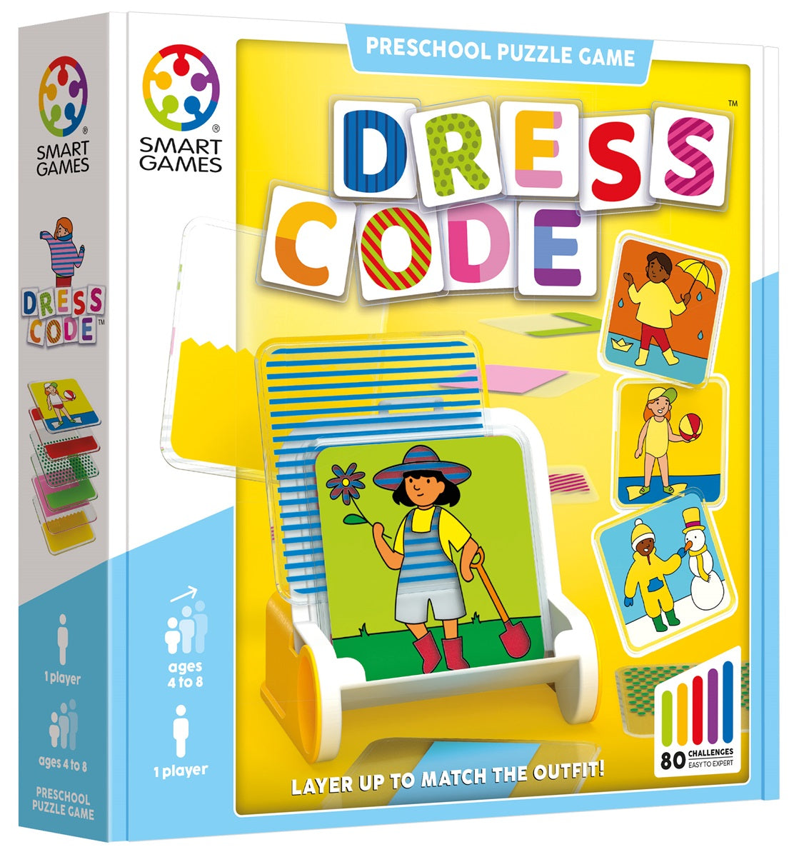 Dress Code kleuterspel waarbij figuurtjes worden aangekleed volgens weer en volgorde met kleurrijke opdrachtkaarten.