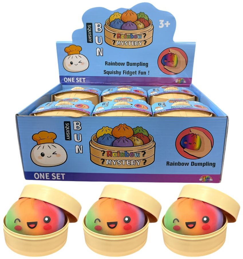 Mystery Rainbow Dumpling squishy in regenboogkleuren, zacht knijpspeeltje in verrassing verpakking.