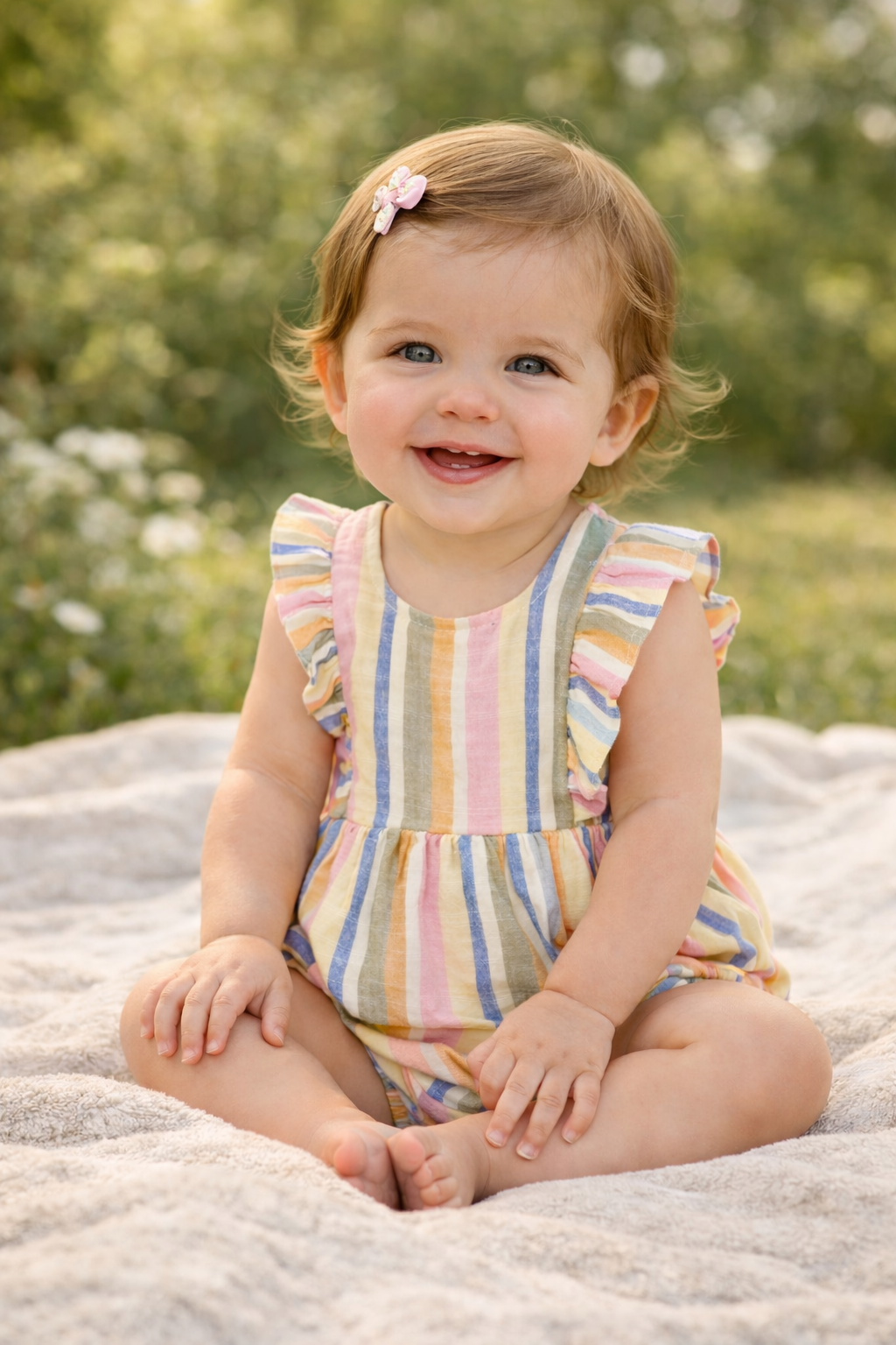 Baby draagt gestreepte romper met ruffles