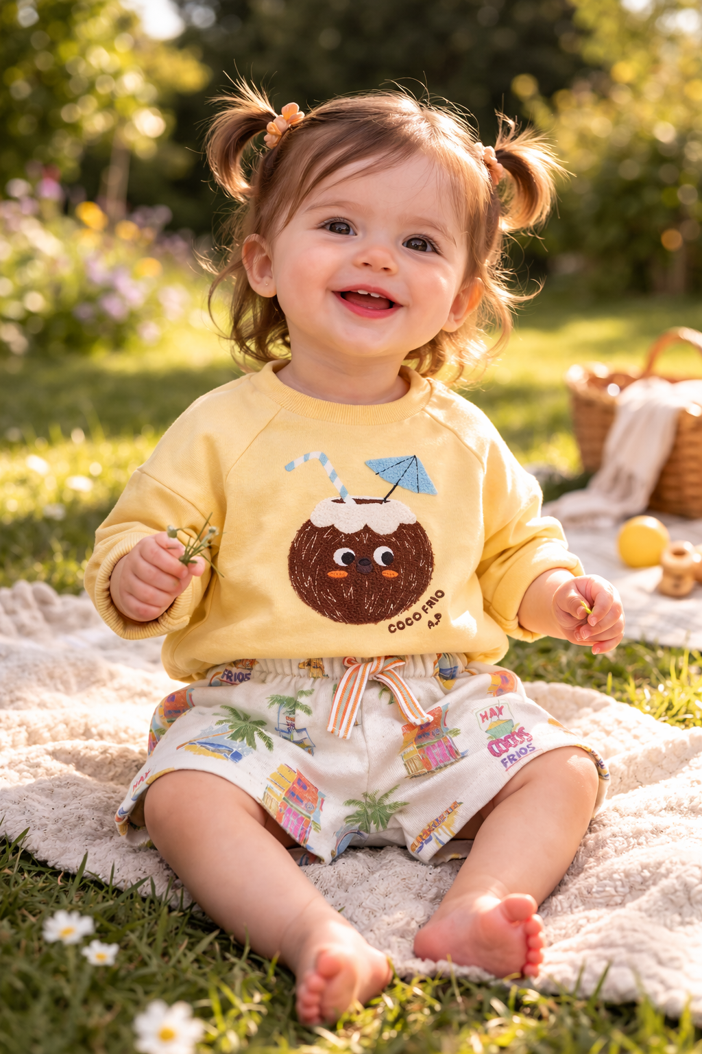 Kind draagt zachtgele sweater met kokosnoot gecombineerd met short met cocos print
