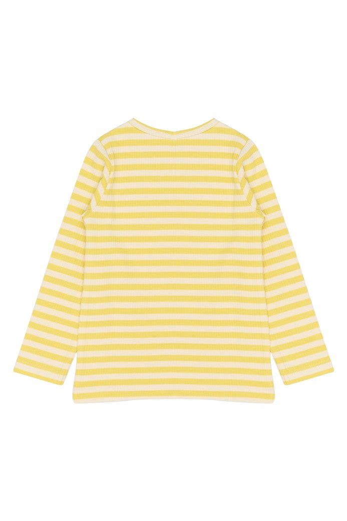 Achterkant wit-geel gestreept longsleeve kindershirt van The New