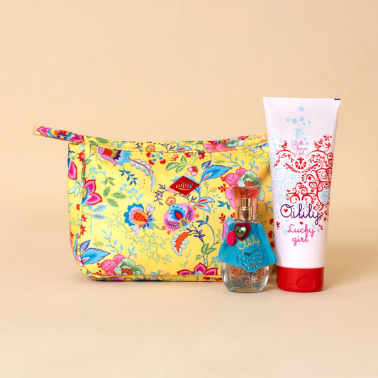 Oilily Lucky Girl geschenkset met eau de toilette 30 ml, bad- en douchegel 250 ml en kleurrijke toilettas