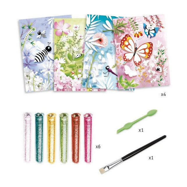 inhoud crea kit glitter art butterflies van djeco