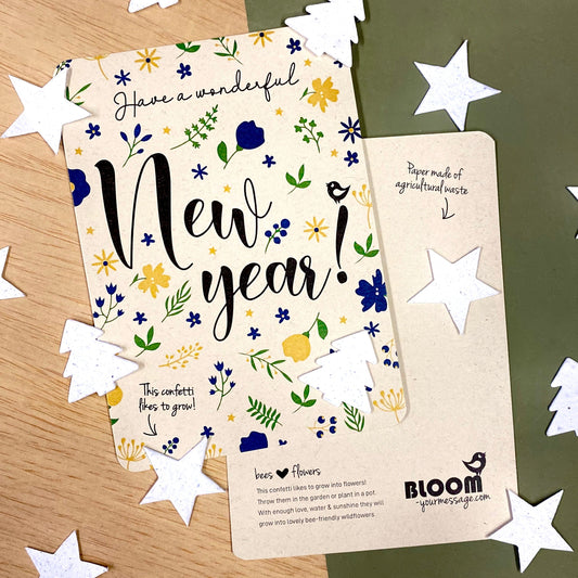Wenskaart Flowers Confetti Happy New Year Color