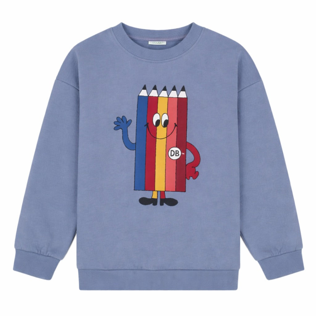 Blauwgrijze jongenssweater van Daily Brat met kleurpotlodenprint.