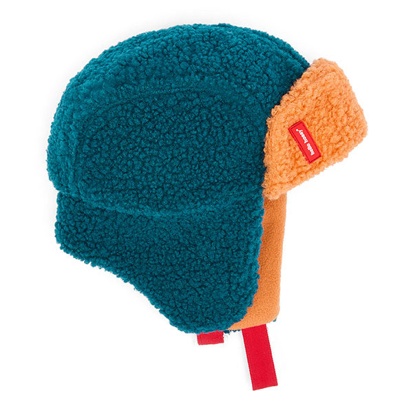 Warme kinder pilotenmuts van Hello Hossy in teal en brons.
