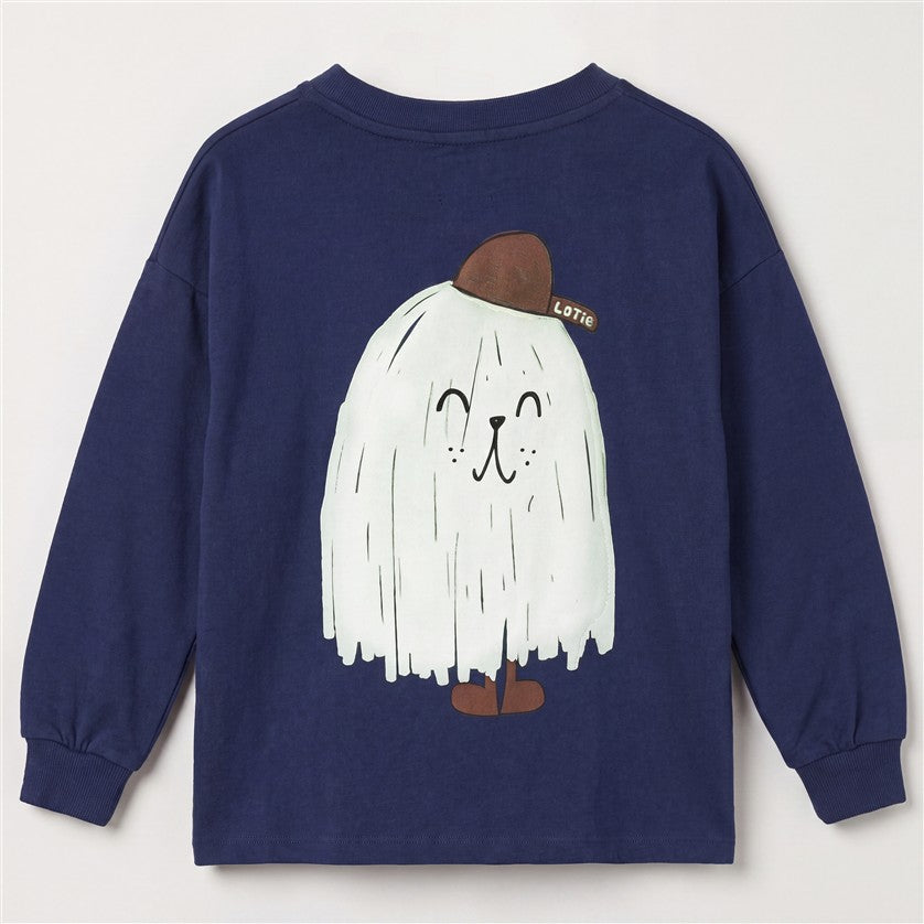 Achterzijde van het donkerblauwe longsleeve shirt met grote schattige monsterprint.