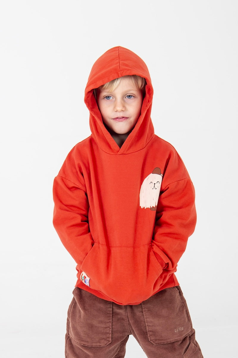 Rode hoodie voor kinderen met kap en buidelzak.