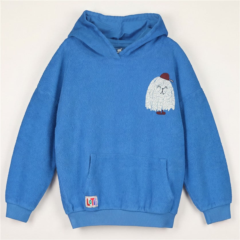 Kobaltblauwe teddy hoodie voor kinderen met monsterprint.