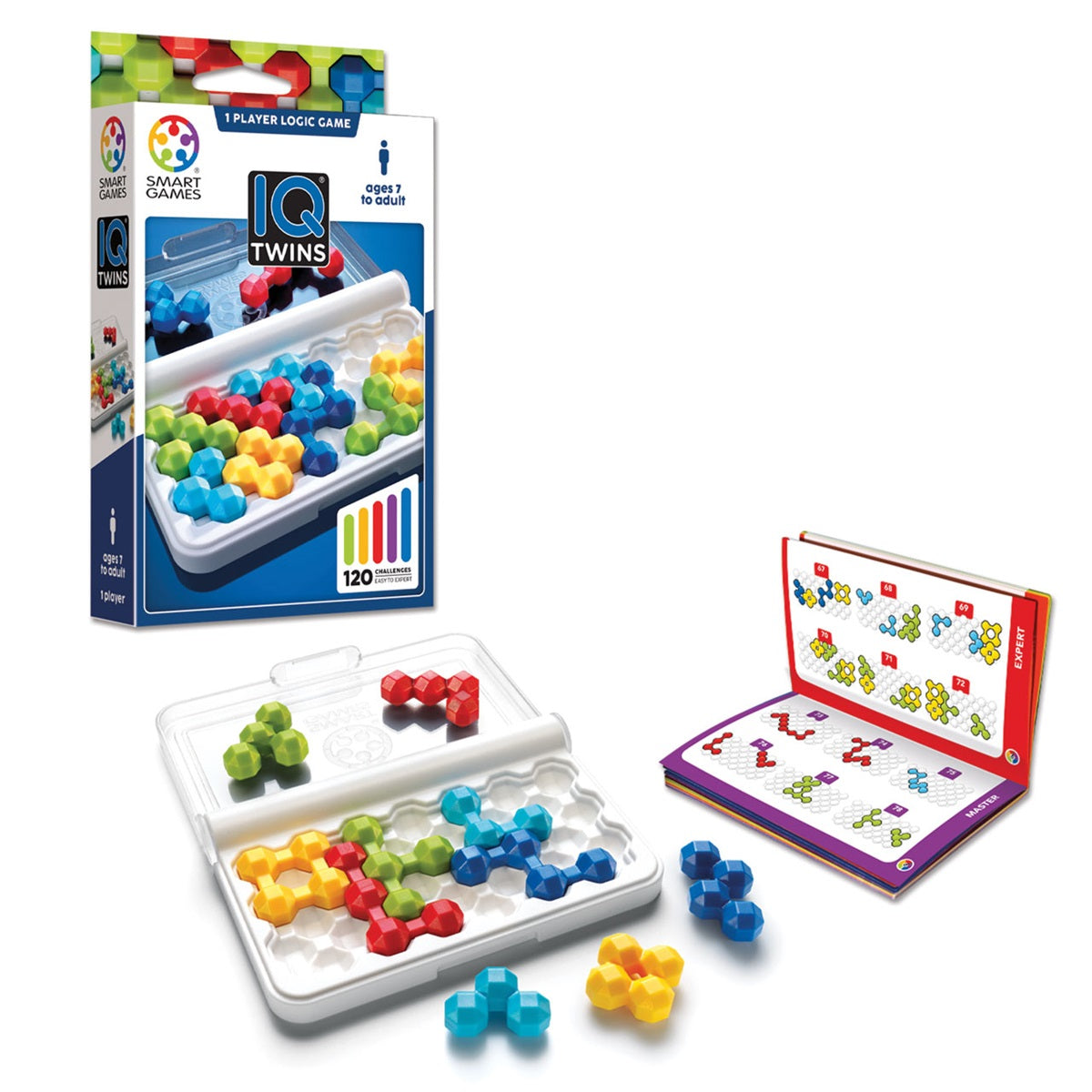 IQ Twins puzzelspel in reisformaat met gekleurde puzzelstukken en opdrachten van starter tot wizard.