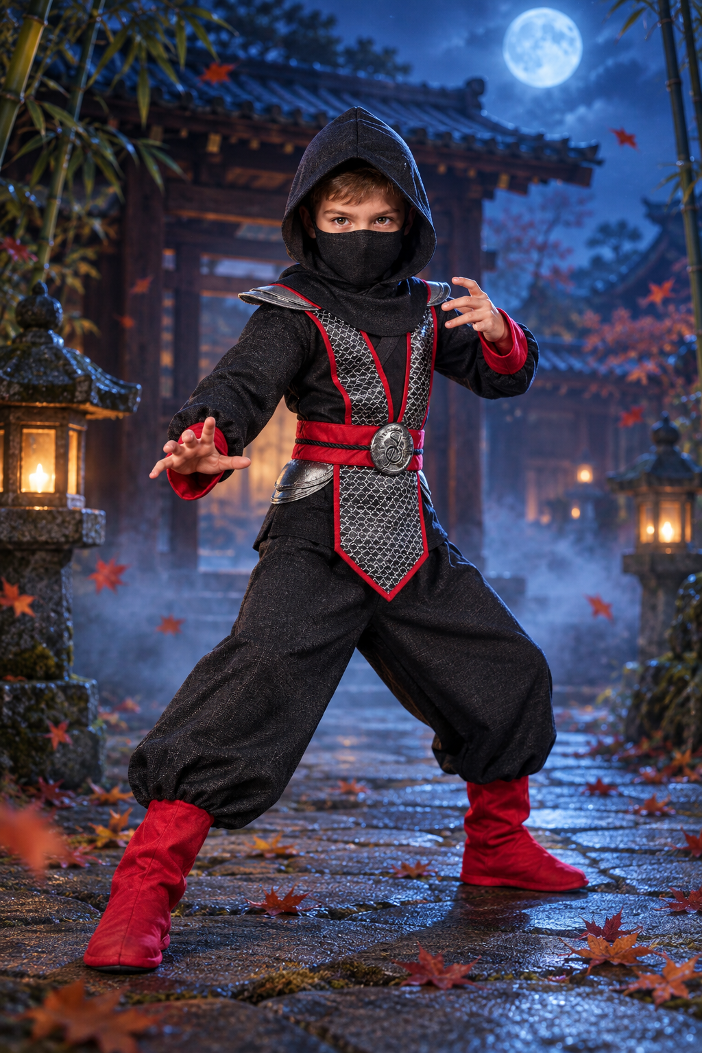 Jongen in Ninja Costume bij een Japanse tempel