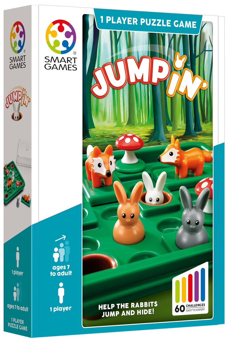 Jump IN’ reisspel van SmartGames met konijntjes, puzzelopdrachten en speelbord in compact formaat.