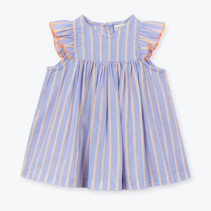 Blauwe kinderjurk met fluo oranje lijntjes en ruffles van Arséne & les Pipelettes