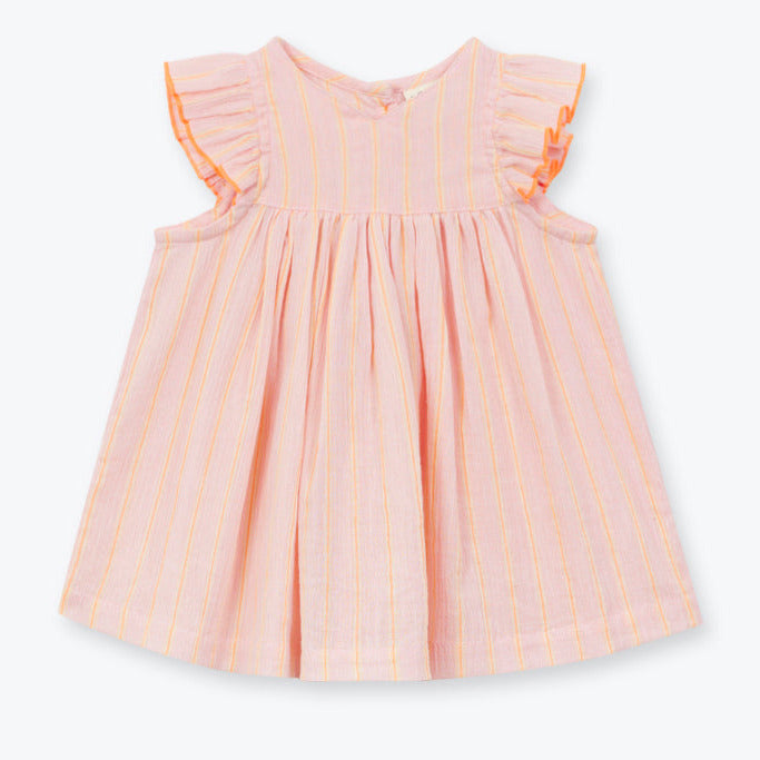 Lichtroze kinderjurk met fluo oranje lijntjes en ruffles van Arséne & les Pipelettes