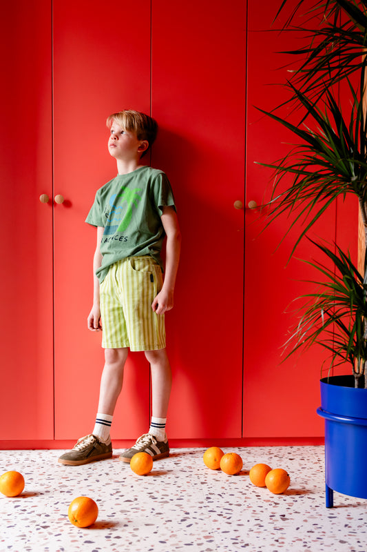 Jongen draagt groen gestreepte denim short met groene tshirt met palmboom