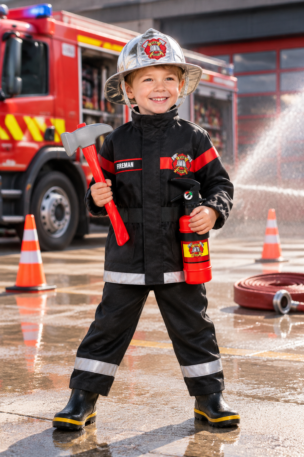 Kind in Firefighter Dress-Up Set bij een brandweerwagen