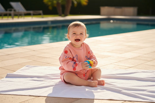 Baby draagt roze sweater met kersen en lichtroze shortje met kersen