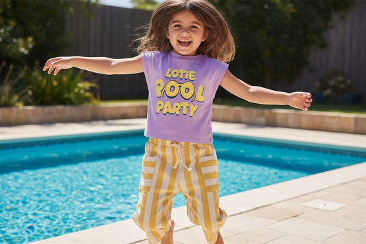 Meisje draagt lila t-shirt met Pool Party print
