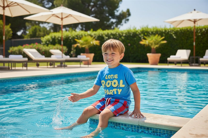 Jongen draagt blauw t-shirt met Pool Party print
