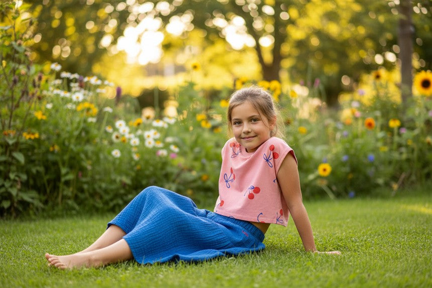Zittend meisje draagt roze crop top met kersen
