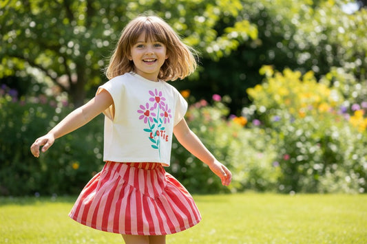 Meisje draagt witte crop top met bloemen
en rood gestreepte rok