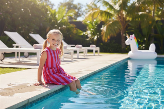 Meisje draagt rood gestreepte jurk
