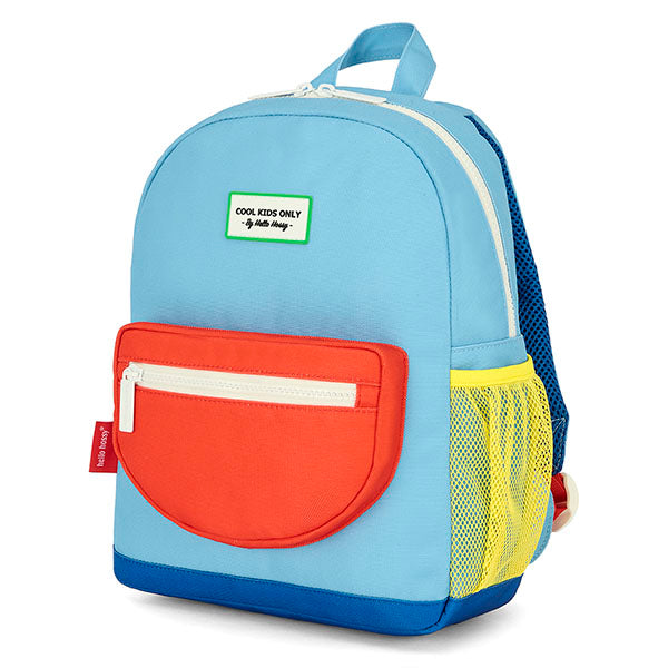 volledig beeld rugzak Mini Sky Pop in blauw met geel en rood