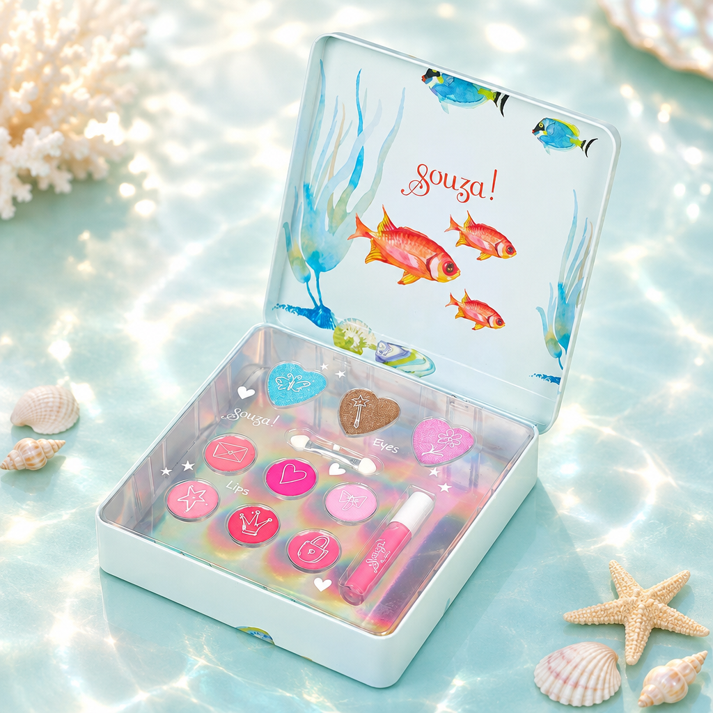Make Up Case Mermaid op een aquablauwe sminktafel