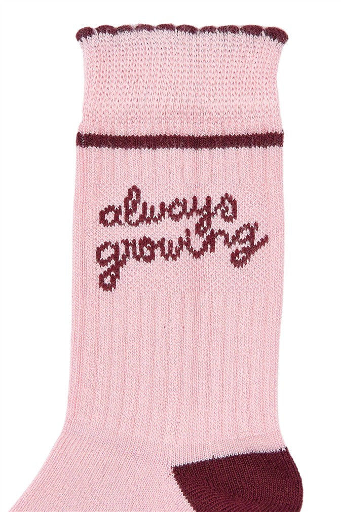 Lichtroze bamboesokken met tekst Always Growing.