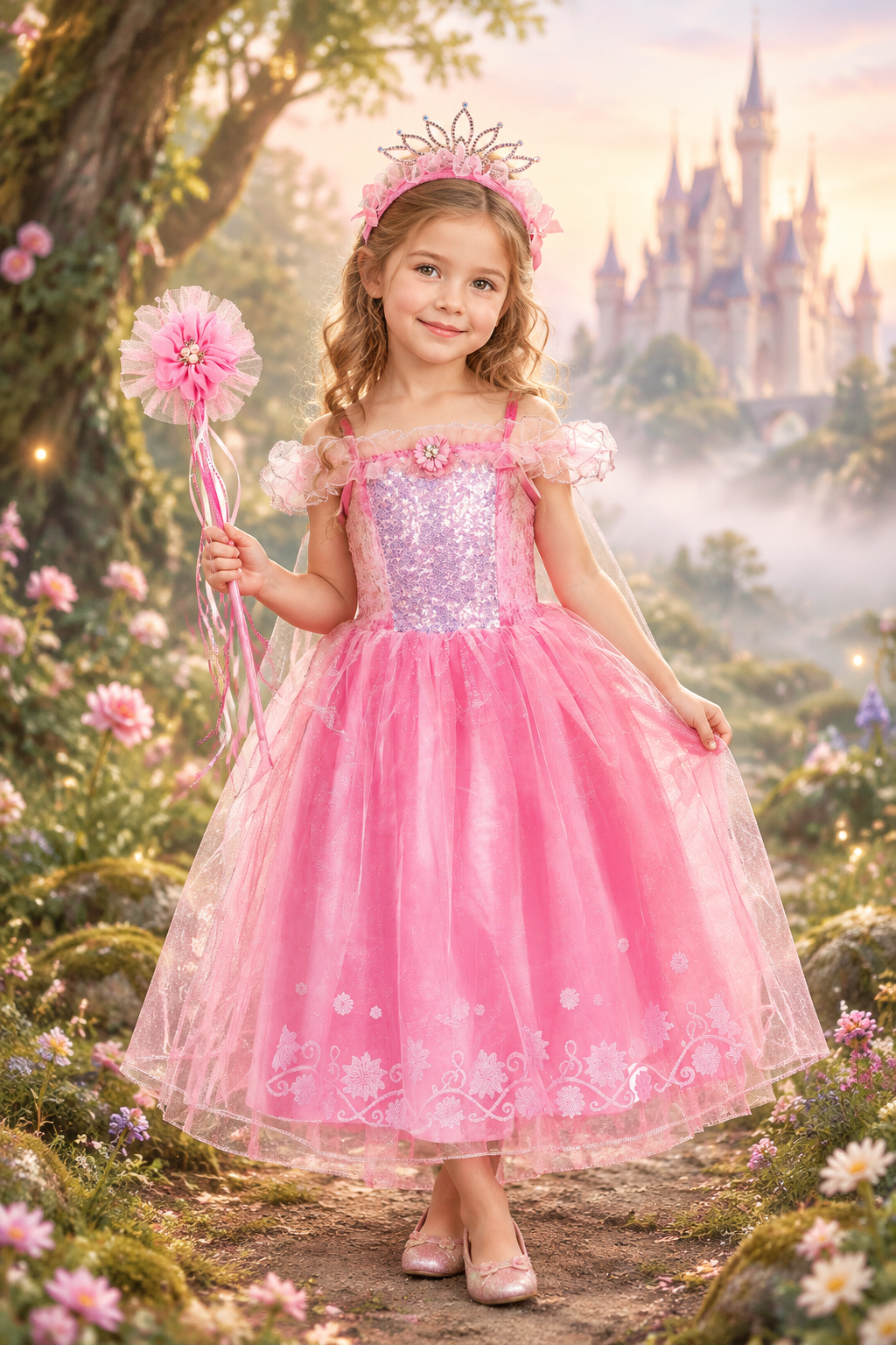 Meisje in Rose Dress-Up Set in een sprookjesbos