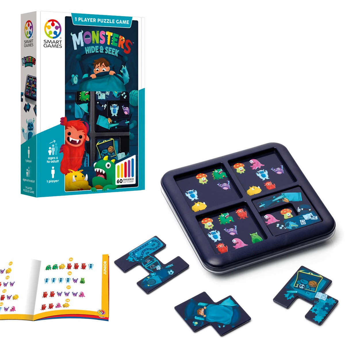 Monsters Hide & Seek reisspel met puzzelstukken en opdrachten waarbij monsters worden verborgen op een spelbord.