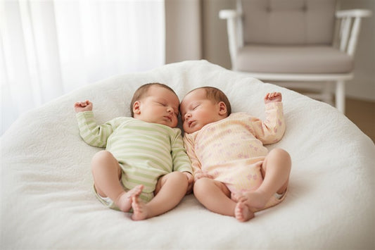 Baby draagt crème-groen gestreepte romper en roze gestreepte romper met vlinderprint