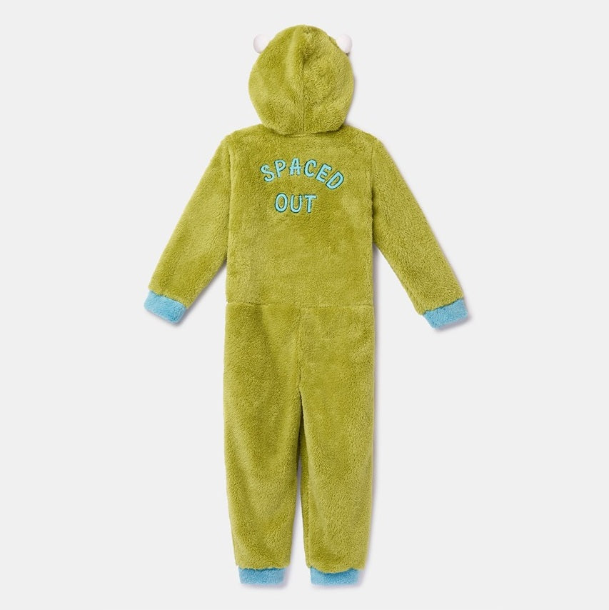 Woody Onesie Alien in zachte groene teddystof, achterkant.